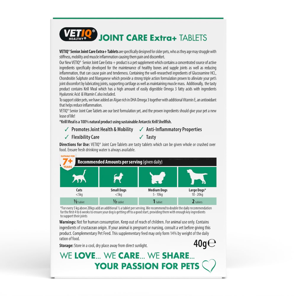 VetIQ Joint Care Extra+ Senior 45 tablets, back of pack with ingredients and usage guide