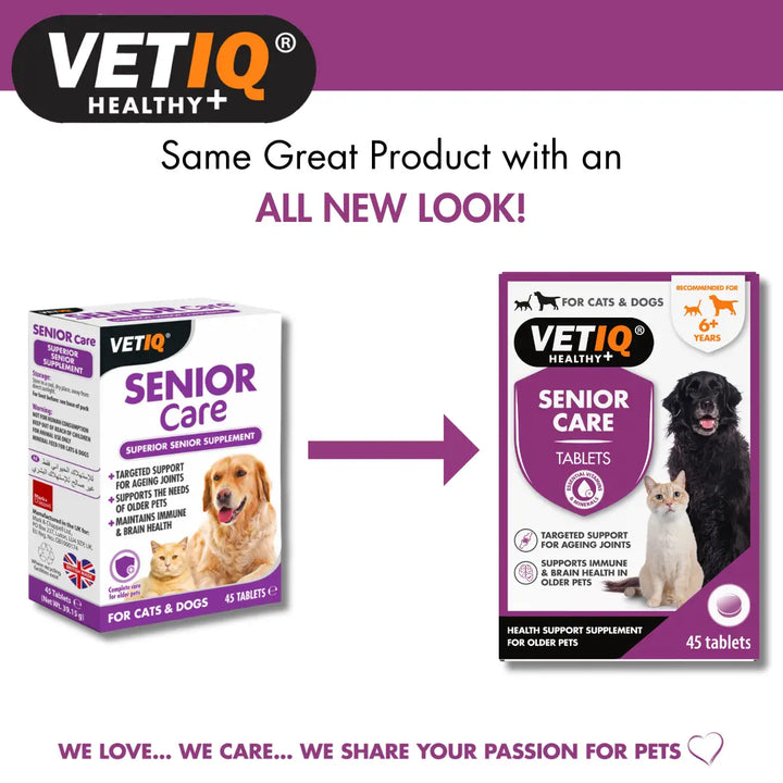 VETIQ Senior Care old pack and new look pack side by side, same product