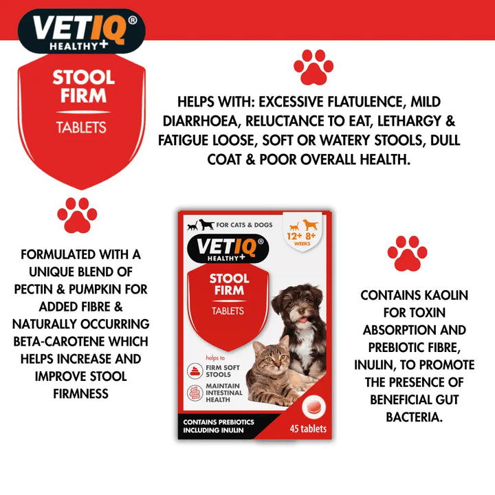VetIQ Stool Firm tablets benefits: pectin and pumpkin for stool firmness, kaolin and prebiotic inulin for gut health
