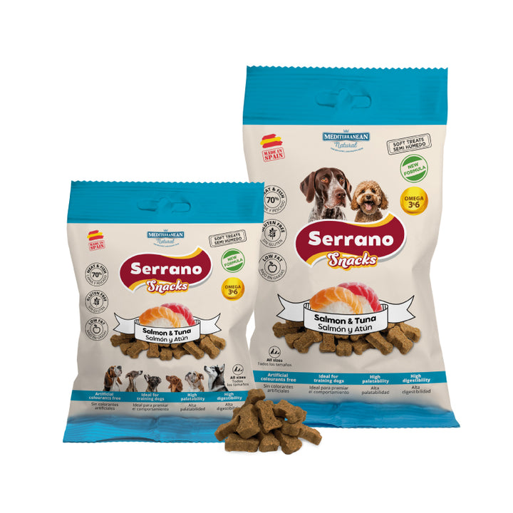 Serrano Snacks Salmon and Tuna bags in two sizes with bone shaped treats in front