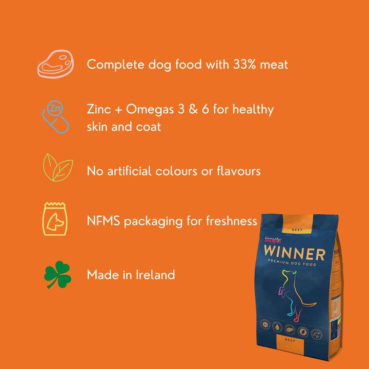 Red Mills Winner Beef key benefits: complete dog food with 33% meat, zinc and omegas 3 and 6, no artificial colours or flavours, made in Ireland