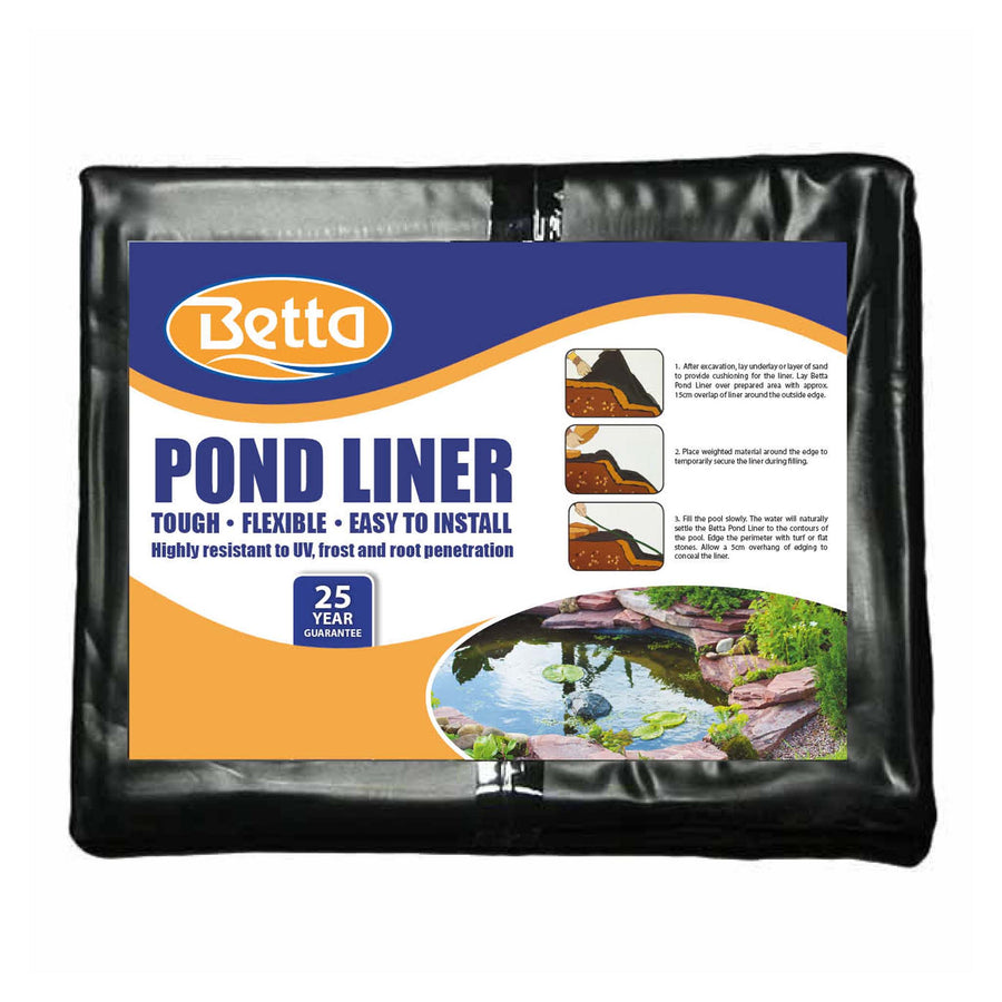 Betta PVC Pond Liner Pre Cut 2m x 2.5m, folded black liner with Betta label