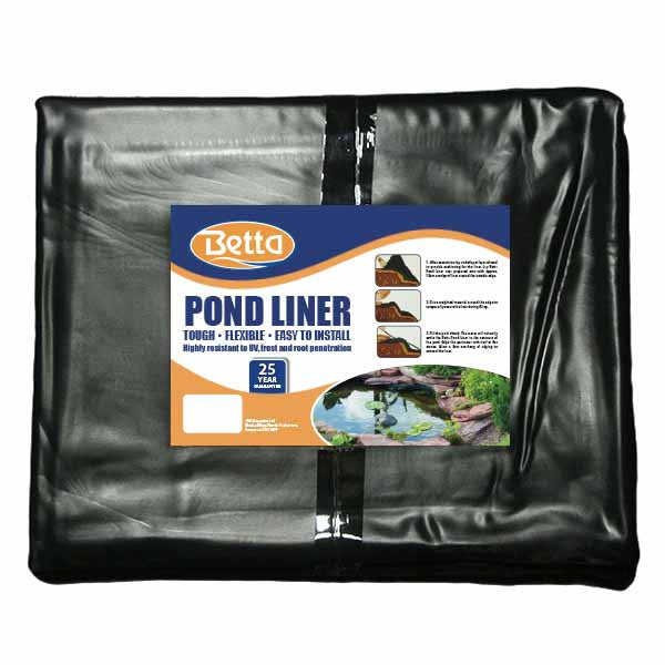 Betta PVC Pond Liner Pre Cut 4m x 4m, folded black liner with Betta label