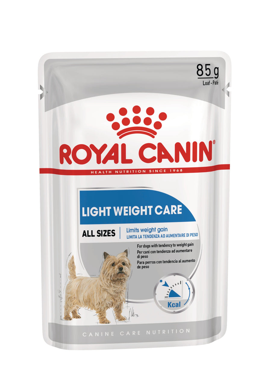 Royal Canin Light Weight Care loaf 85g wet dog food pouch, front of pack