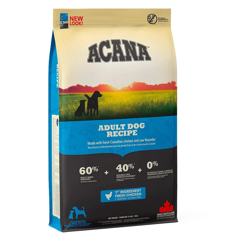 ACANA Adult Dog Food bag featuring free-run chicken, wild-caught flounder, and cage-free eggs for healthy adult dogs.