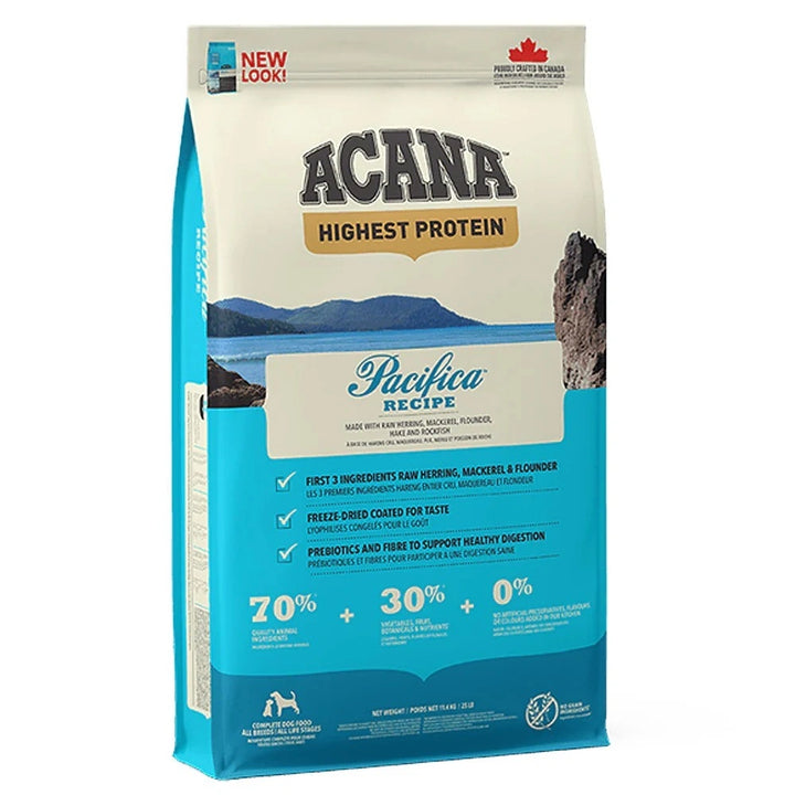 ACANA Pacifica Dry Dog Food bag featuring wild-caught fish formula for healthy skin, coat, and muscle support
