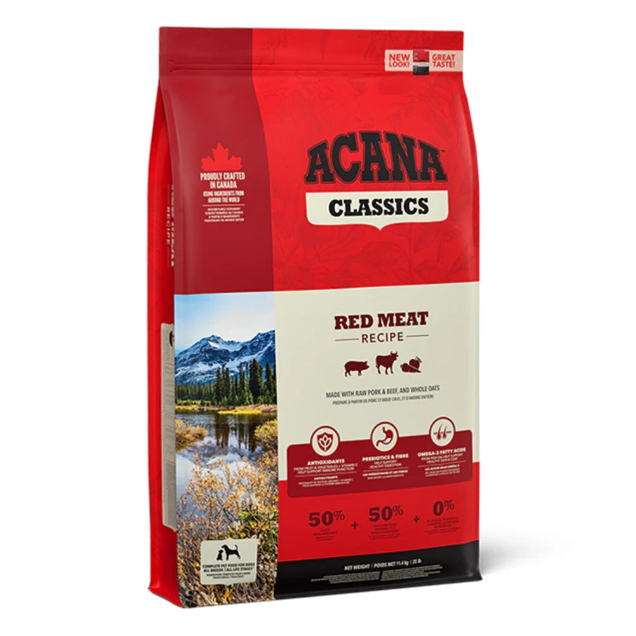ACANA Classics Red Meat Recipe Dry Dog Food bag featuring premium red meat formula for adult dogs.
