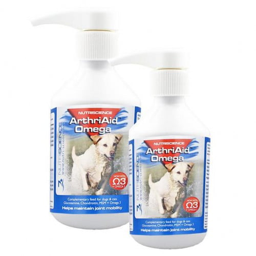 NutriScience ArthriAid Omega liquid for dogs, previous packaging, two bottles with pump dispensers