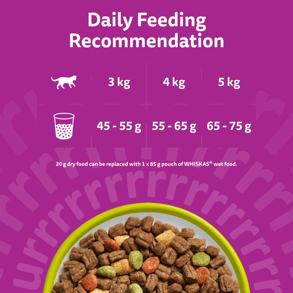 Whiskas Adult Lamb dry food daily feeding recommendation for 3kg to 5kg cats