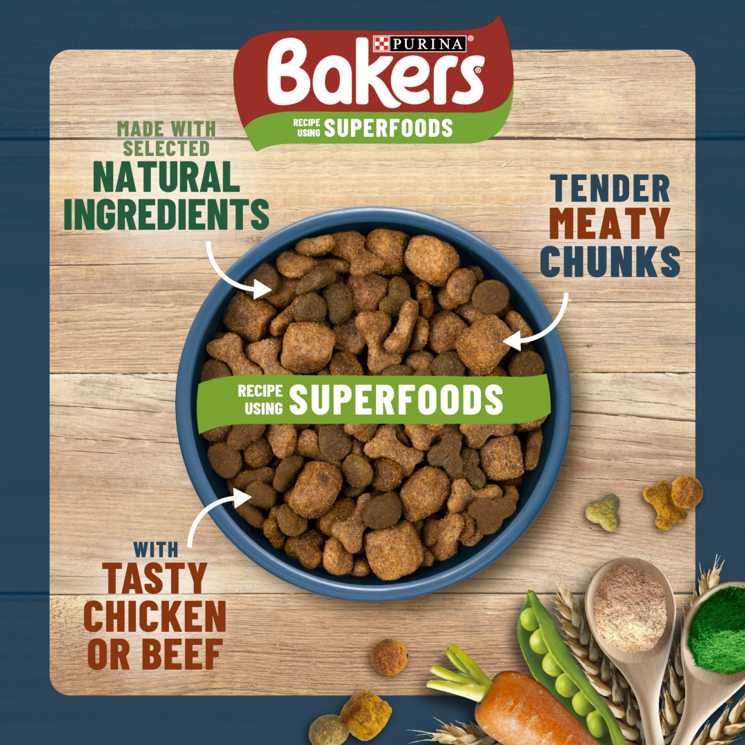 Bakers Superfoods dry dog food in a bowl: natural ingredients, tender meaty chunks, tasty chicken or beef