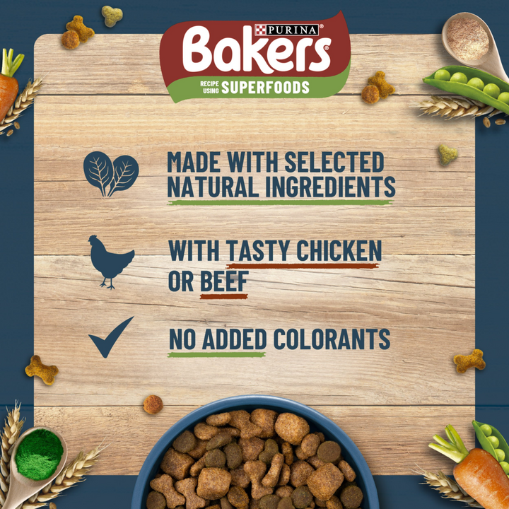 Bakers Superfoods: made with selected natural ingredients, tasty chicken or beef, no added colourants