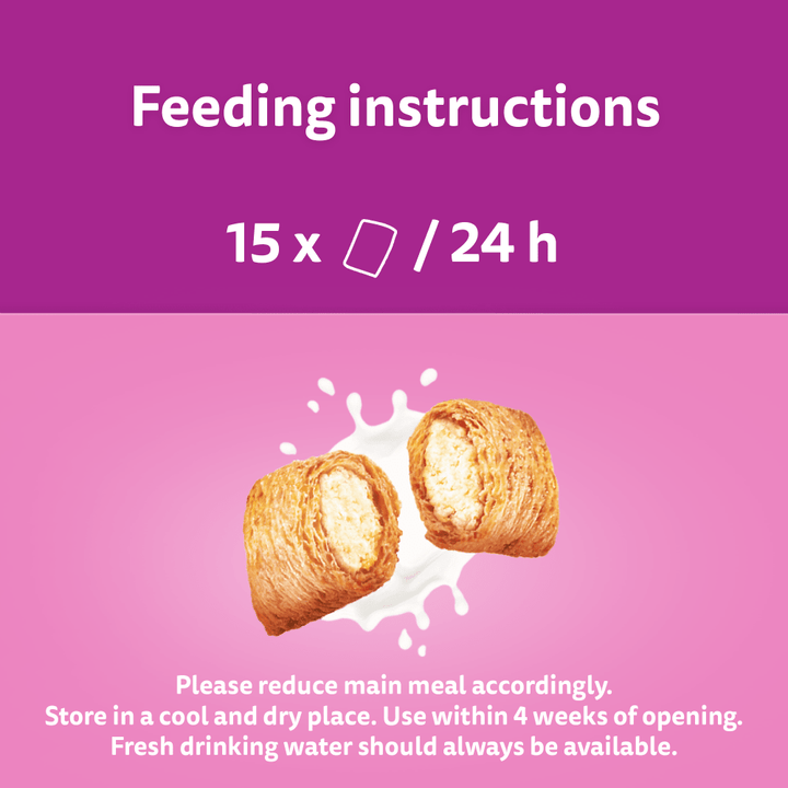 Whiskas Milky Treats feeding instructions: up to 15 treats per 24 hours