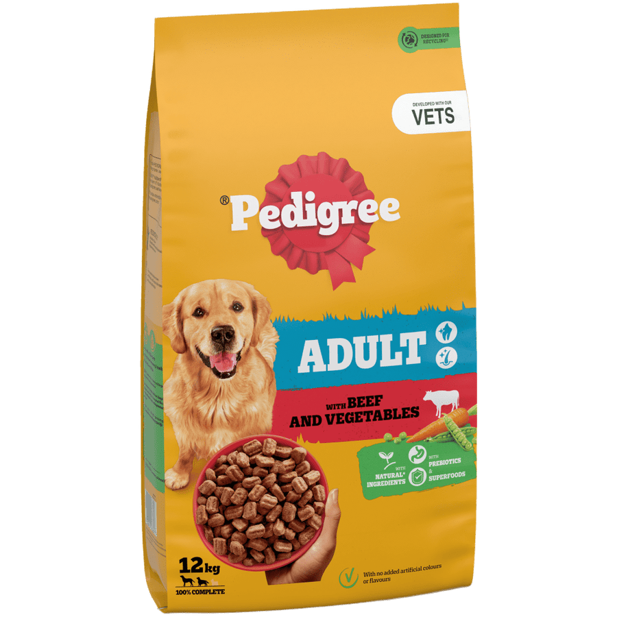 Pedigree Complete Adult dry dog food with Beef and Vegetables 12kg bag, front of pack