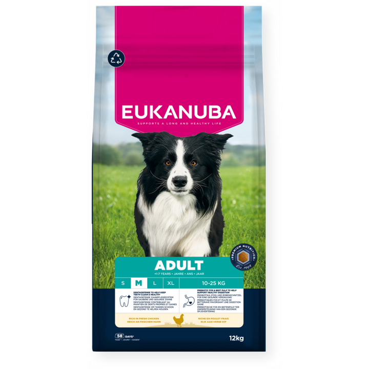 Eukanuba Adult Medium Breed Rich in Fresh Chicken dry dog food 12kg, front of pack