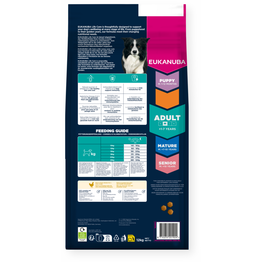 Eukanuba Adult Medium Breed Fresh Chicken 12kg, back of pack with feeding guide