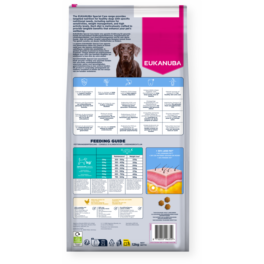 Eukanuba Weight Control Adult Large Breed 12kg, back of pack with feeding guide