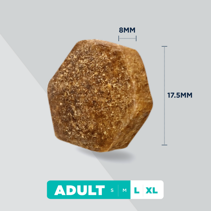 Eukanuba Weight Control Adult Large Breed hexagonal kibble, approx. 17.5mm by 8mm
