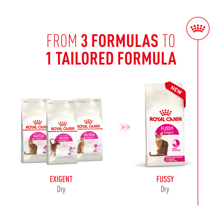 Royal Canin Fussy combines the 3 former Exigent formulas into 1 tailored formula
