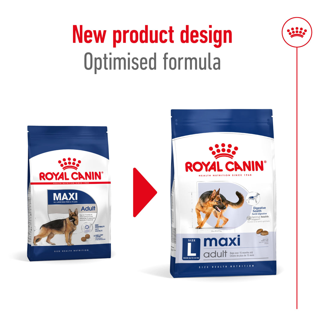 Royal Canin Maxi Adult new pack design, old and new bag side by side
