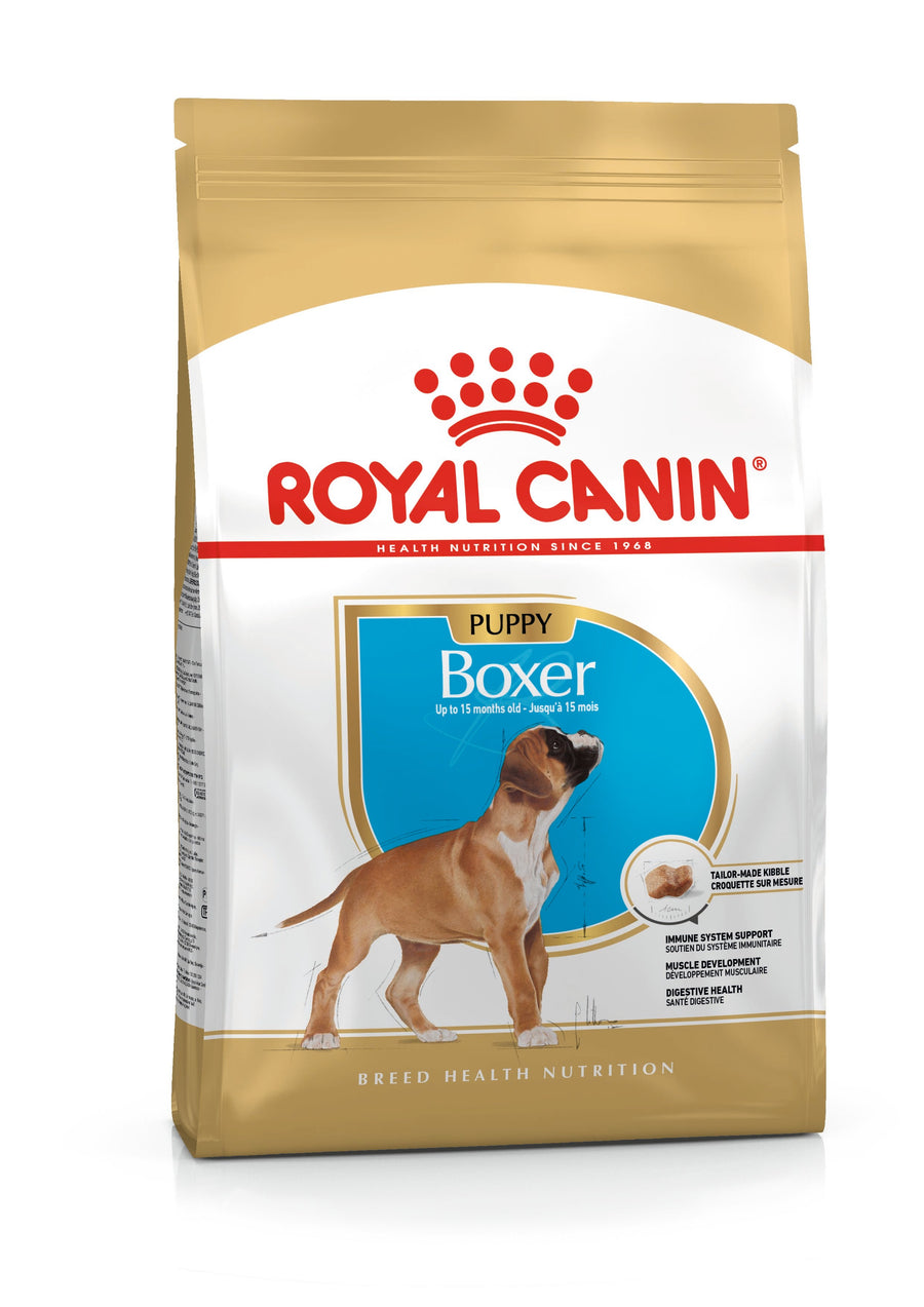 Royal Canin Boxer Puppy dry dog food bag, front of pack