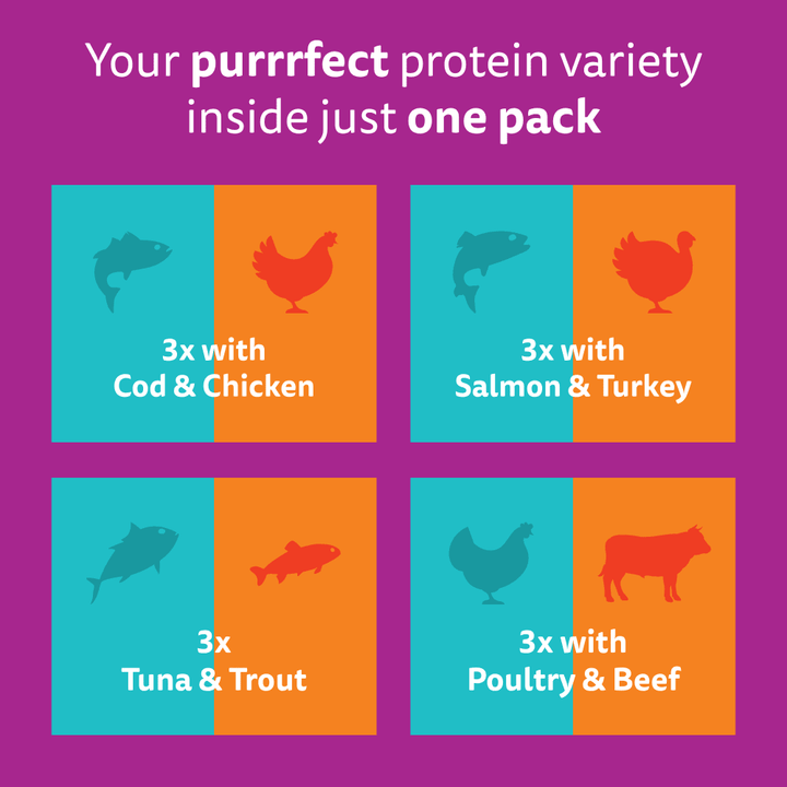 Whiskas Duo Surf and Turf varieties: 3 each of Cod and Chicken, Salmon and Turkey, Tuna and Trout, Poultry and Beef