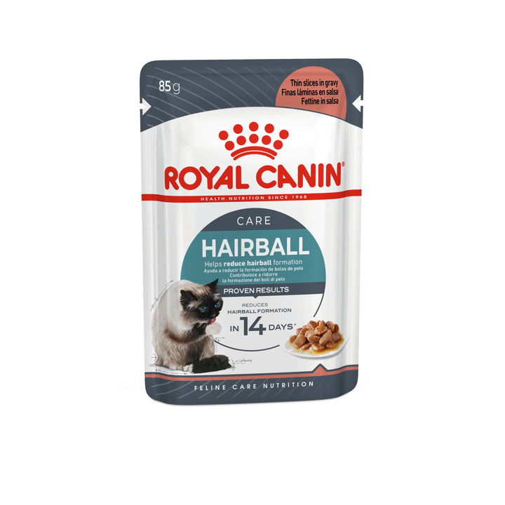 Royal Canin Hairball Care thin slices in gravy 85g pouch, front of pack