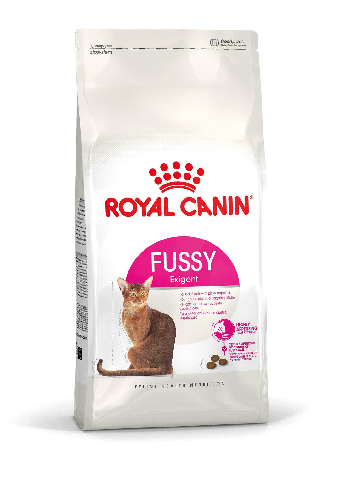 Royal Canin Fussy adult dry cat food bag, front of pack