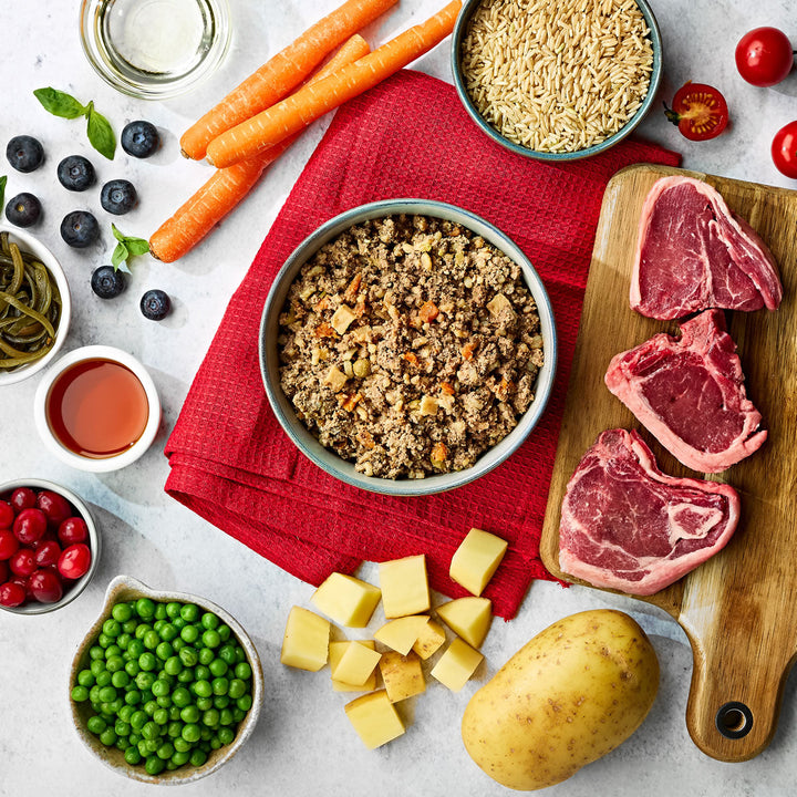 Naturo Adult Lamb with Rice & Vegetables served in a bowl with lamb, brown rice, carrots, peas and potato