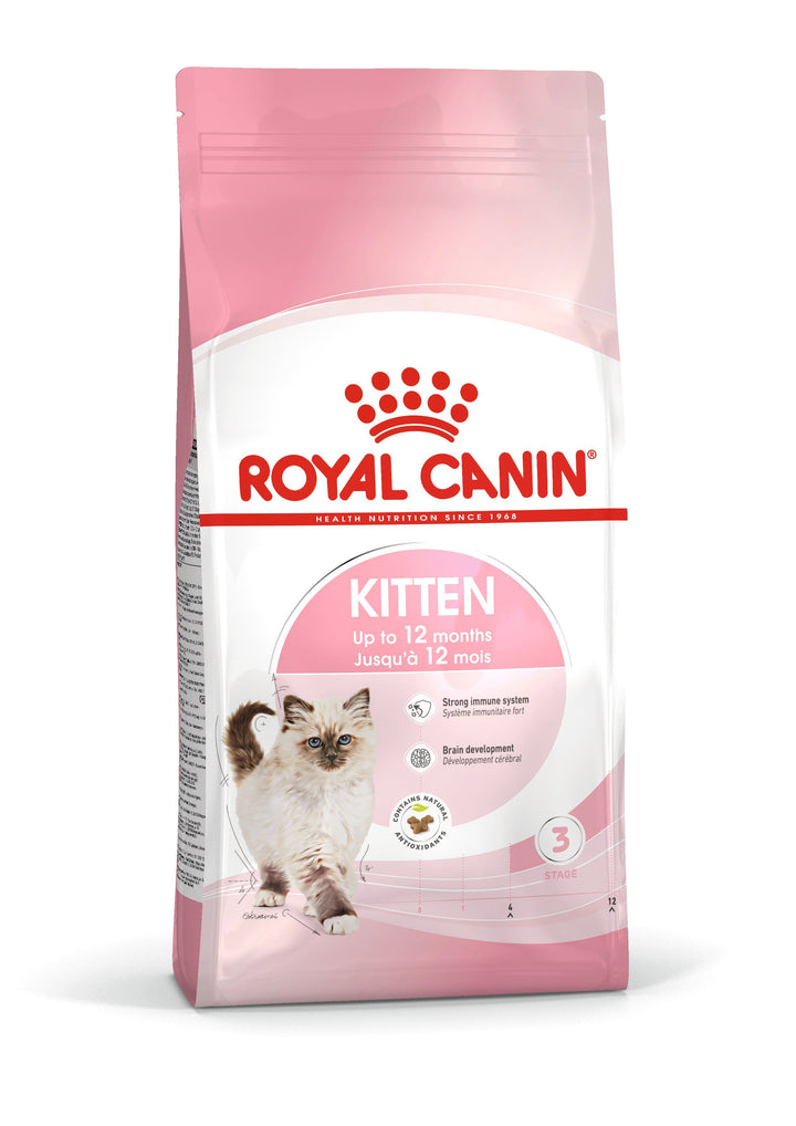 Royal Canin Kitten dry cat food bag, front of pack, for kittens up to 12 months