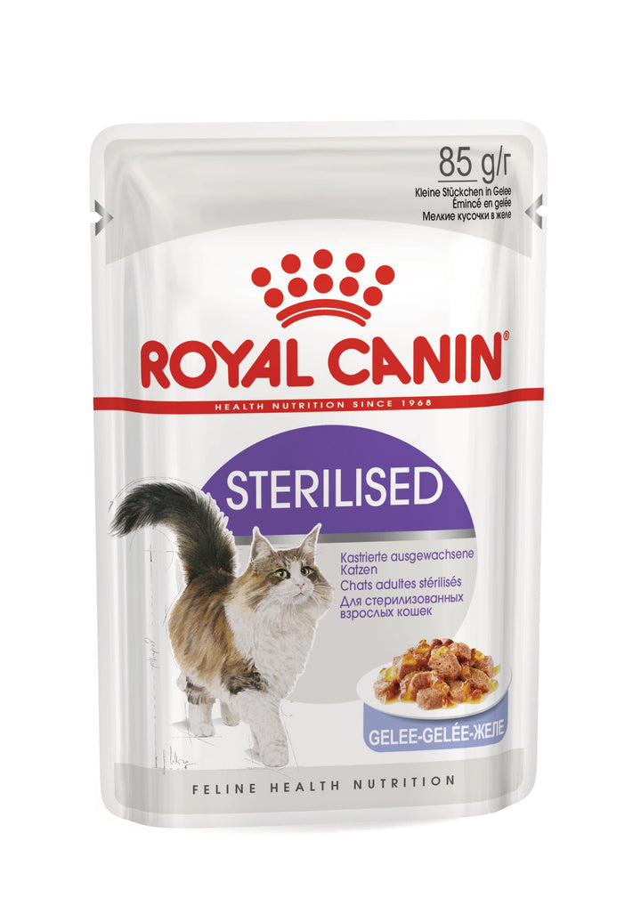 Royal Canin Sterilised Chunks in Jelly 85g pouch, front of pack