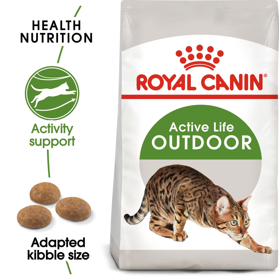 Royal Canin Outdoor bag with activity support and adapted kibble size benefits