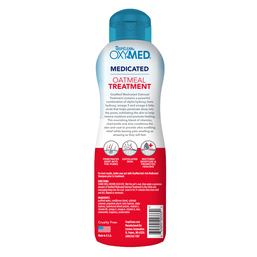 TropiClean OxyMed Medicated Oatmeal Treatment 592ml bottle, back label with directions and ingredients