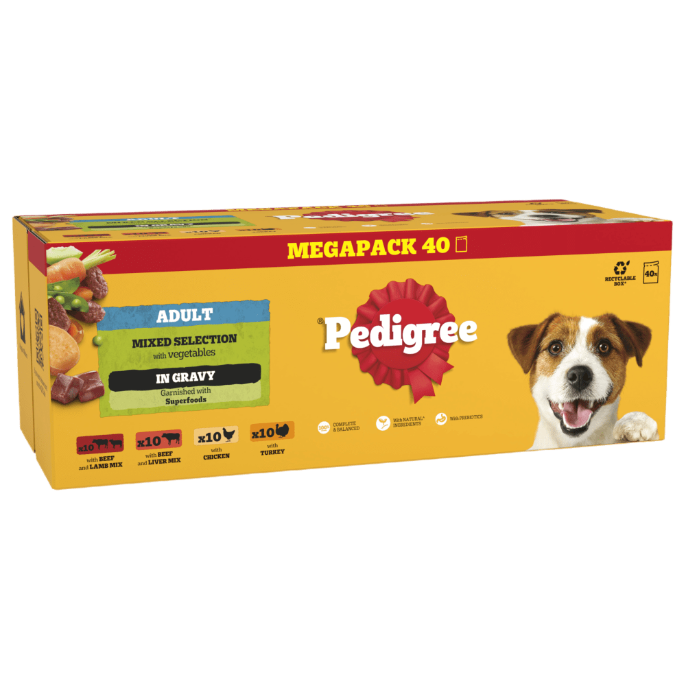 Pedigree Adult Mixed Selection in Gravy Megapack 40 x 100g pouches box, front of pack