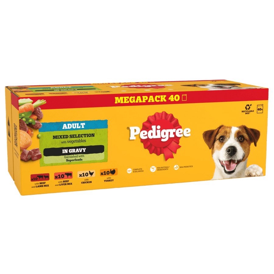 Pedigree Adult Mixed Selection in Gravy Megapack 40 x 100g pouches box, front of pack