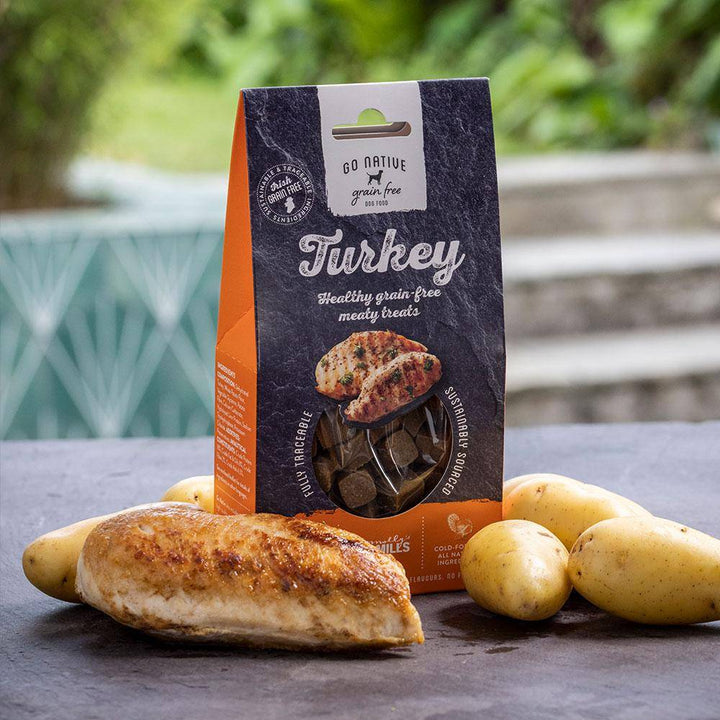 Go Native Turkey dog treats pack with cooked turkey breast and potatoes