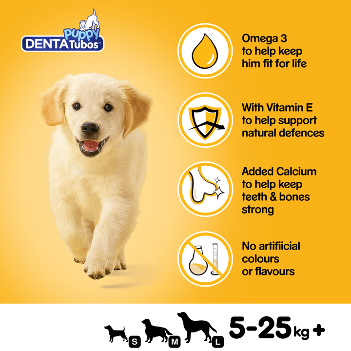 Pedigree DentaTubos Puppy benefits: Omega 3, vitamin E, added calcium, no artificial colours or flavours