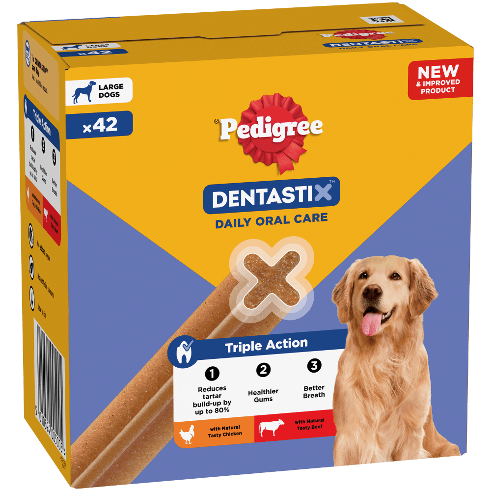 Pedigree Dentastix Daily Oral Care for large dogs, 42 stick pack, front of box