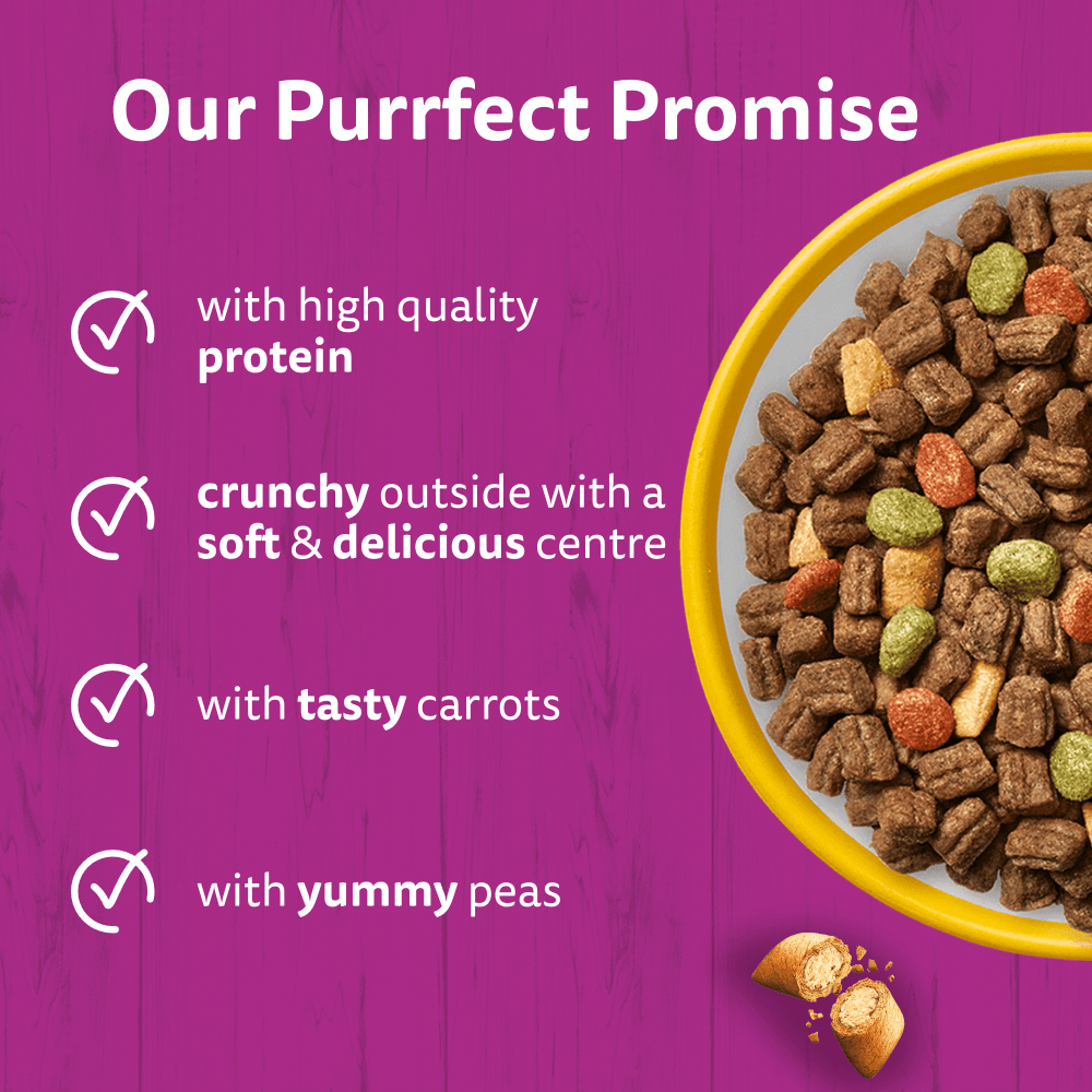 Whiskas 1+ Adult Chicken dry food: high quality protein, crunchy outside soft centre, carrots and peas