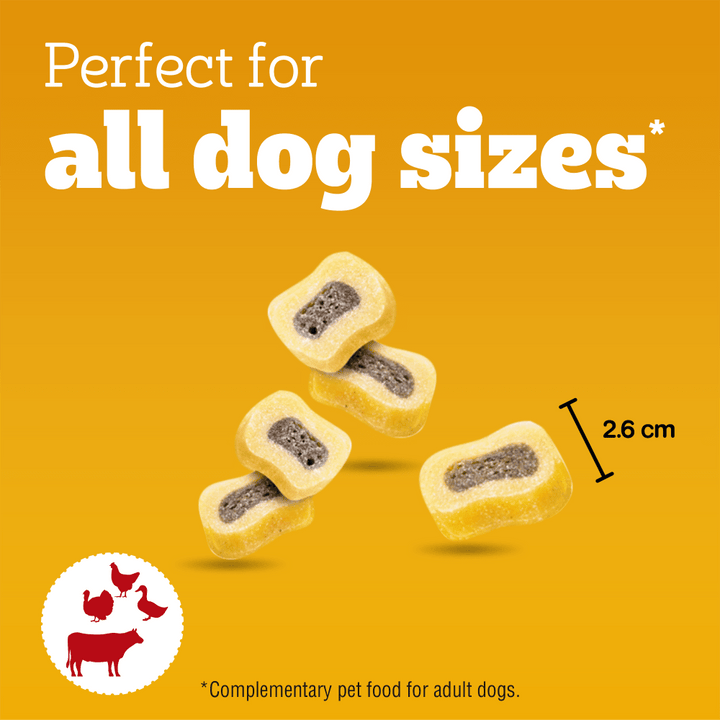 Pedigree Tasty Minis chewy slices close up, 2.6cm treats for all dog sizes