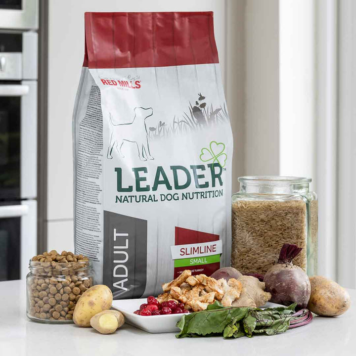 Leader Adult Slimline Small Breed bag with kibble, turkey, cranberries, beetroot and potato