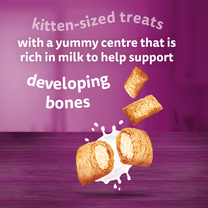 Whiskas Milky Treats kitten sized treats with a creamy centre rich in milk to help support developing bones