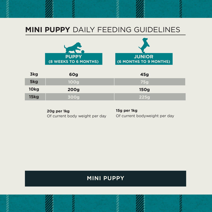 Burns Mini Puppy daily feeding guidelines for puppy and junior by bodyweight