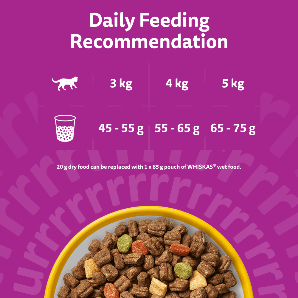 Whiskas 1+ Adult Chicken dry cat food daily feeding recommendation for 3kg, 4kg and 5kg cats