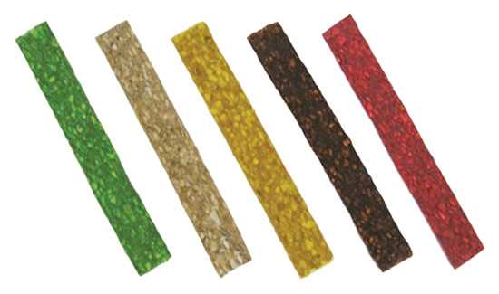 Munchy rawhide flat dog sticks in five colours, older product photo