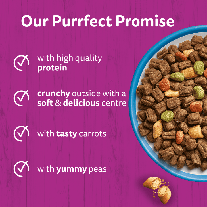 Whiskas 1+ Adult with Tuna dry cat food: high quality protein, crunchy pocket kibbles with soft centre, carrots and peas