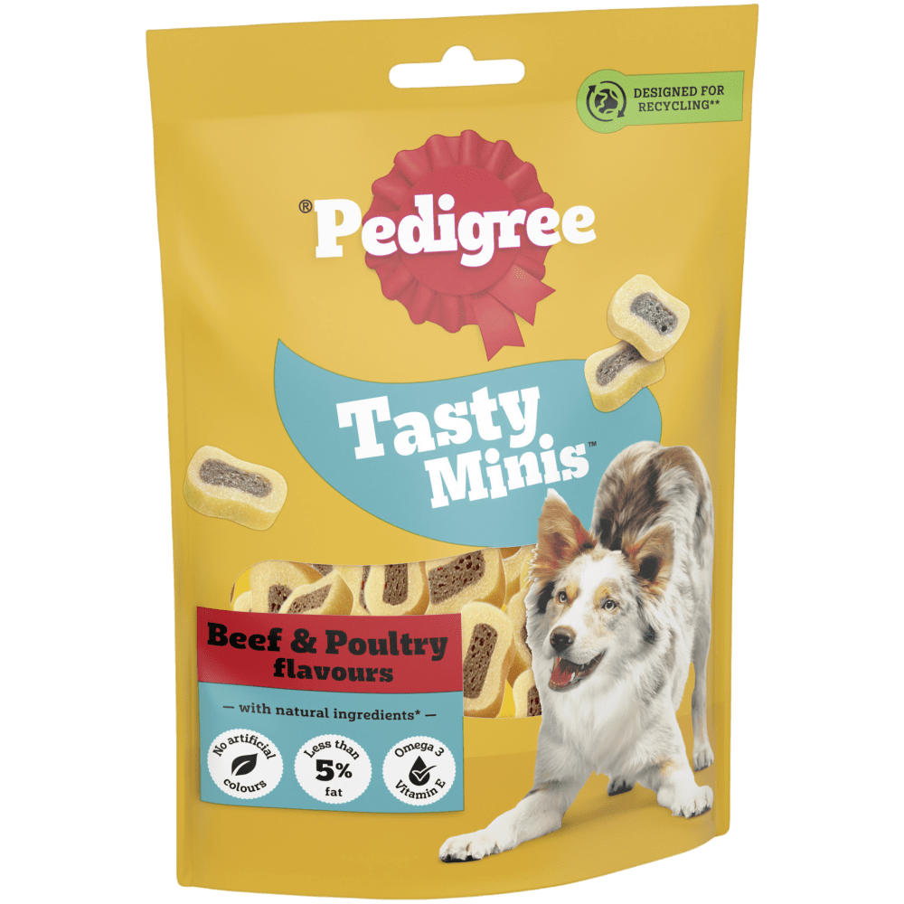 Pedigree Tasty Minis Beef & Poultry Chewy Slices 155g adult dog treats, front of pack