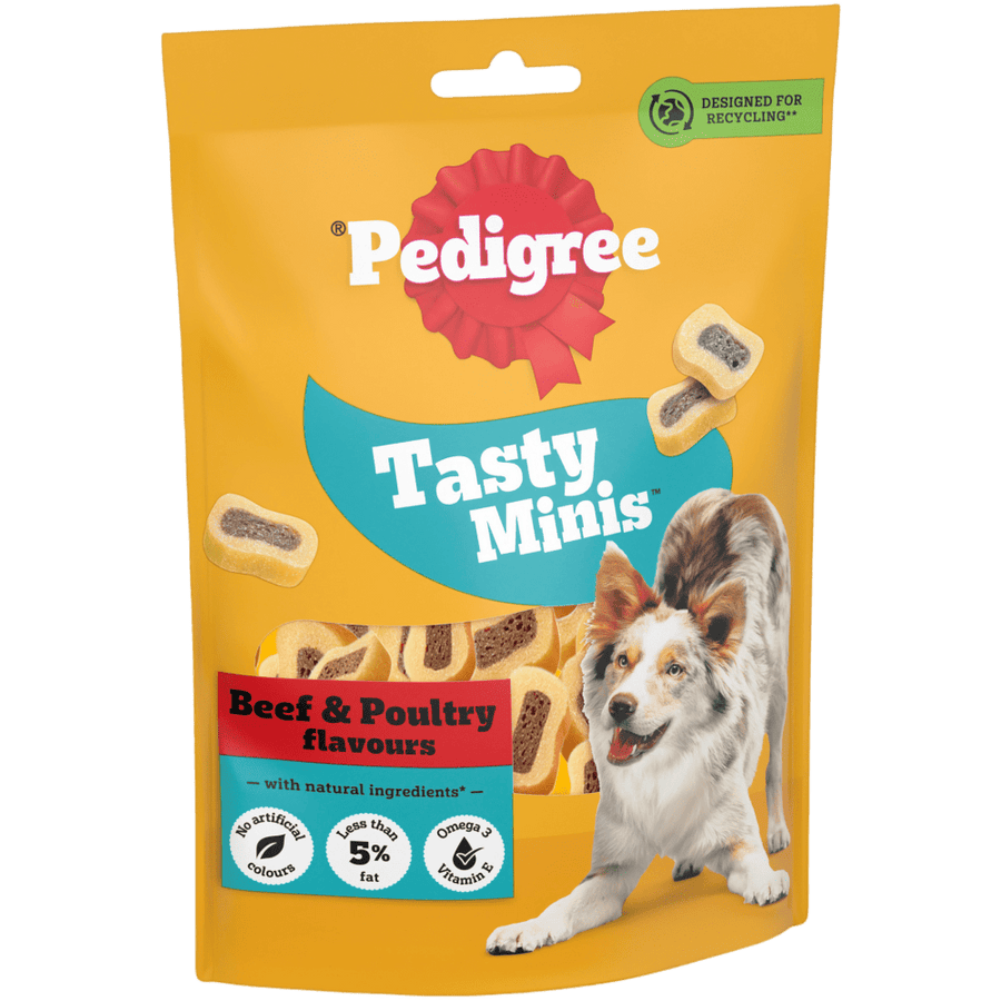Pedigree Tasty Minis Beef & Poultry Chewy Slices 155g adult dog treats, front of pack