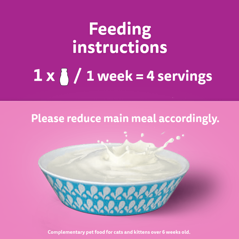 Whiskas Cat Milk feeding instructions: 1 bottle a week as 4 servings