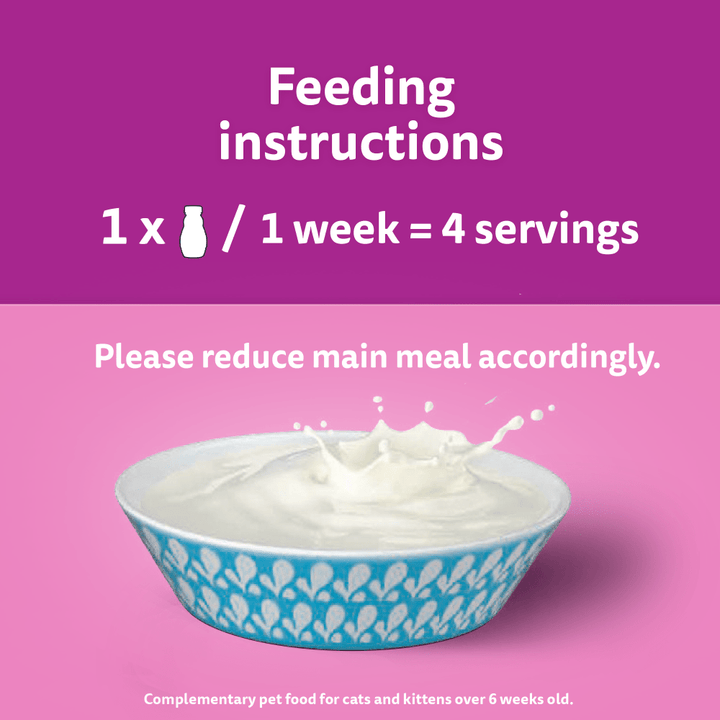 Whiskas Cat Milk feeding instructions: 1 bottle a week as 4 servings