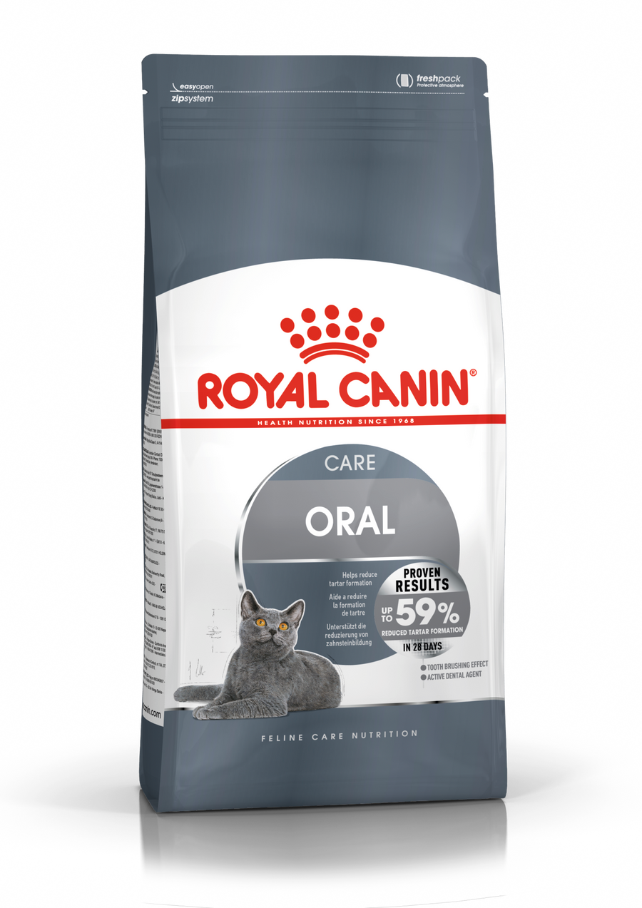 Royal Canin Oral Care Adult Dry Cat Food bag, front of pack